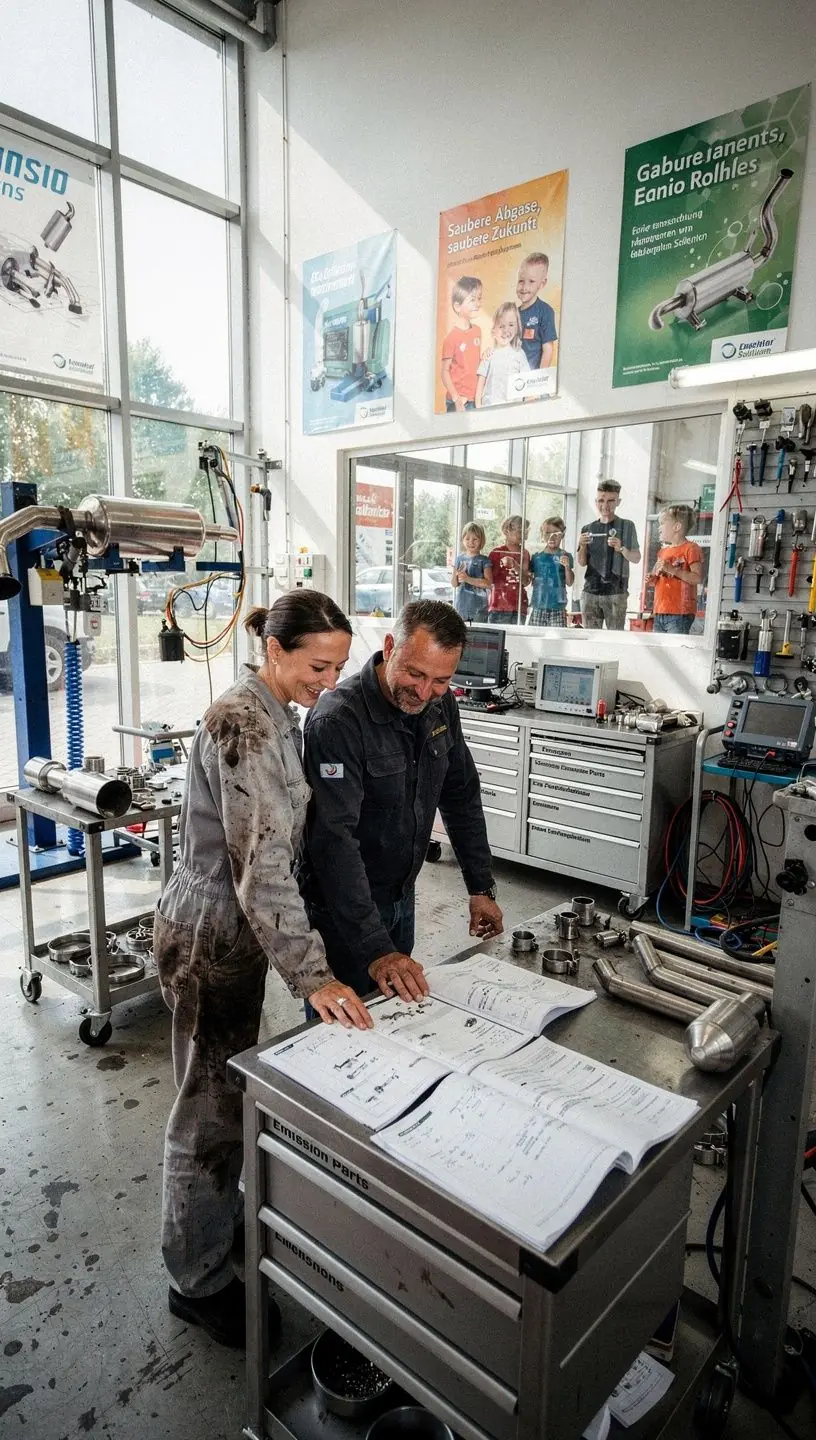 Mechaniker erklärt Kunden transparent die Funktionsweise des Abgassystems und notwendige Reparaturen.